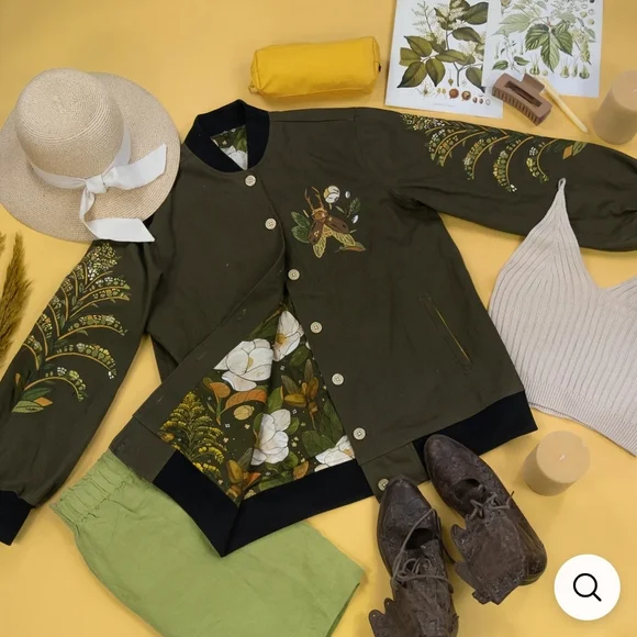 Embroidered Olive Bomber Jacket - Picture 3 of 12